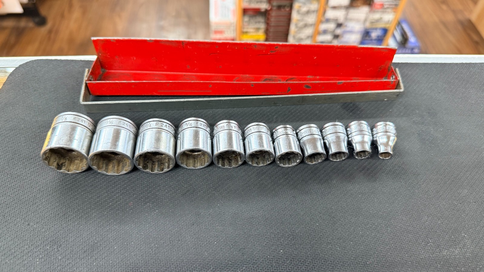 Snap On Socket Set F Series- W/ Vintage Metal Holder – 11 Sockets – LOT #2