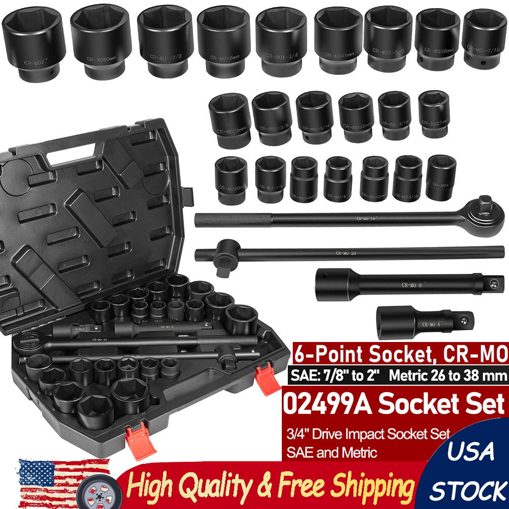 3/4″ Drive Impact Socket Set 27Pcs Standard SAE 7/8″-2″ Metric 22-50mm 6 Point