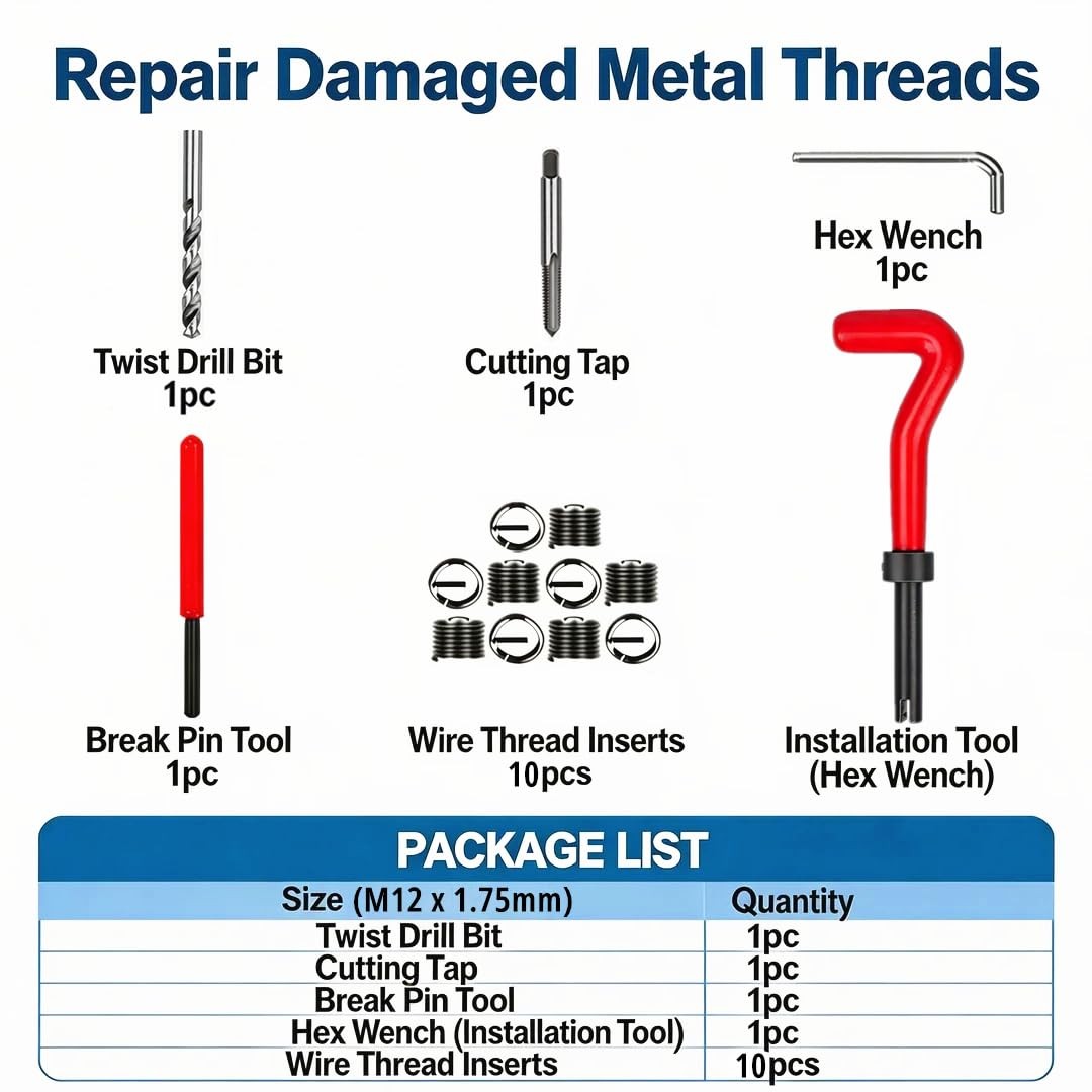 Alltooetools M12 X 1.75 Thread Repair Kit, x 1.75mm, Black & Silver