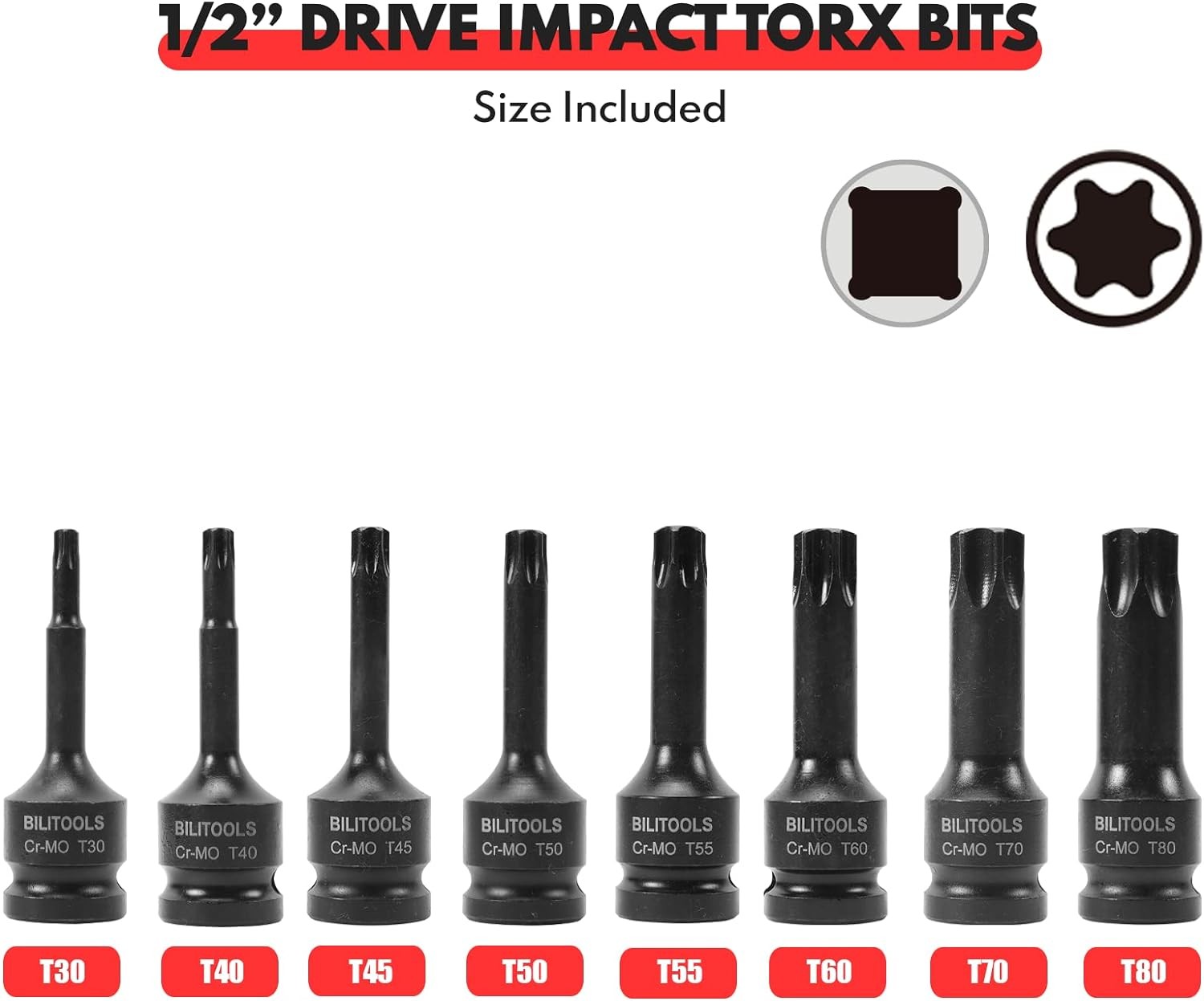 BILITOOLS 8-Piece T35, T40, T45, T50, T55, T60, T70, T80, Torx Bit Socket Set