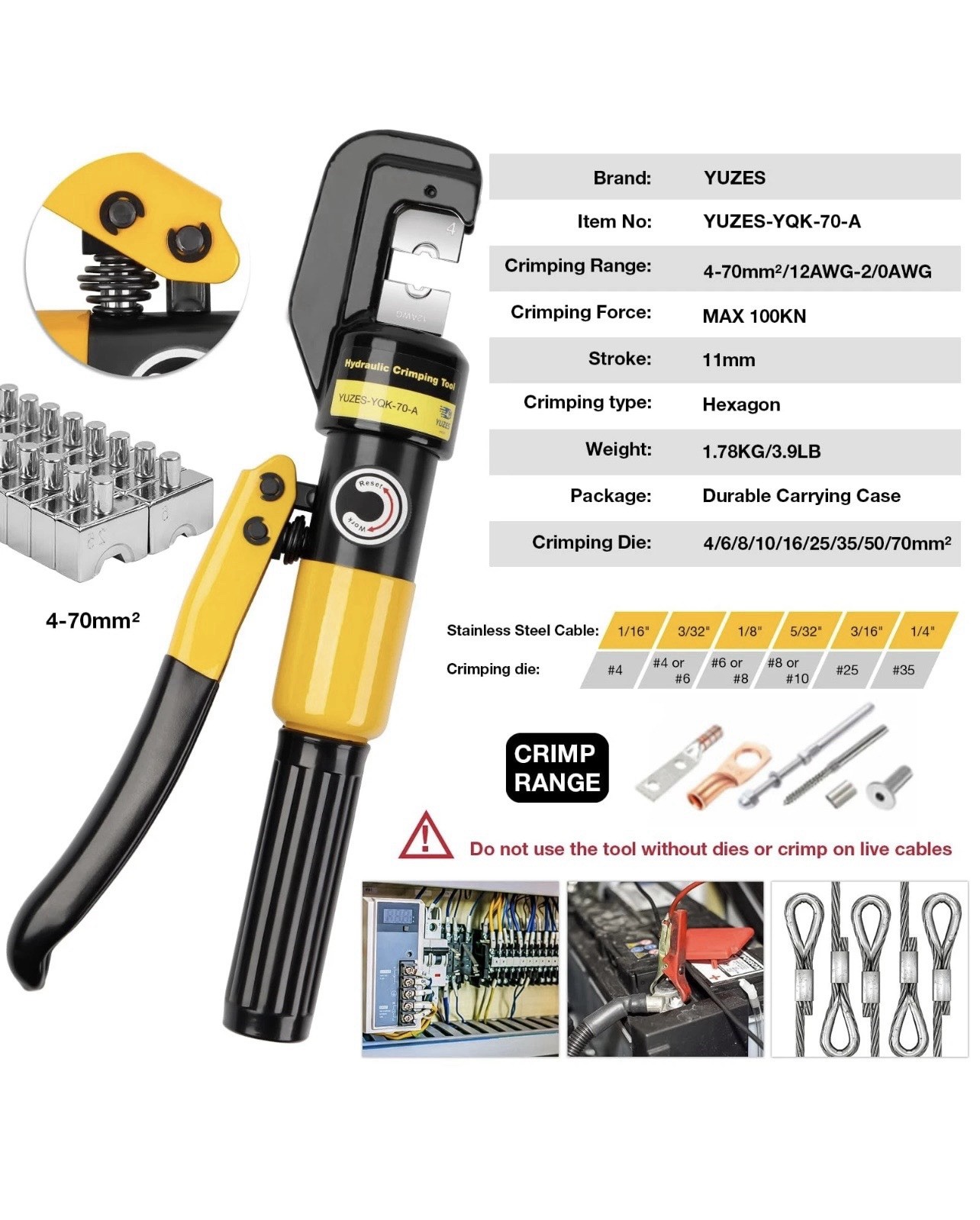 YUZES Hydraulic Crimping Tool 10 Tons, 12 AWG to 2/0 Battery Cable Yellow
