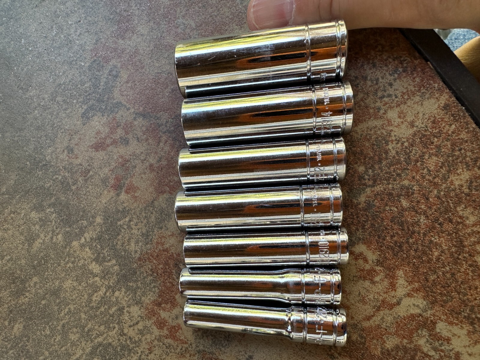 13 – P-F Deep and Normal Sockets 3/8 and 1/4 drive. Mostly New see sizes below