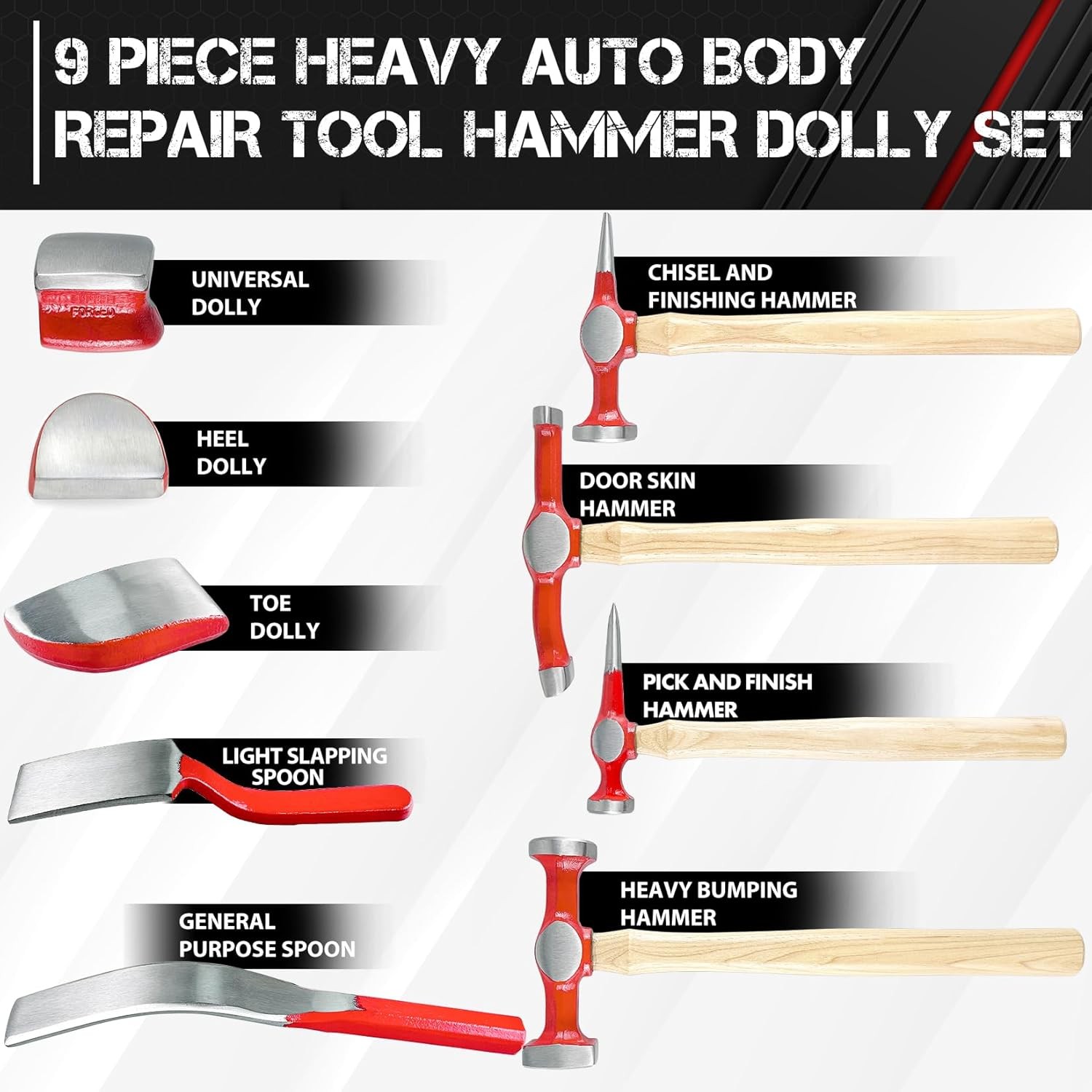 C&T 9 Piece Heavy Auto Body Repair Tool Hammer Dolly Set, Car 9PC