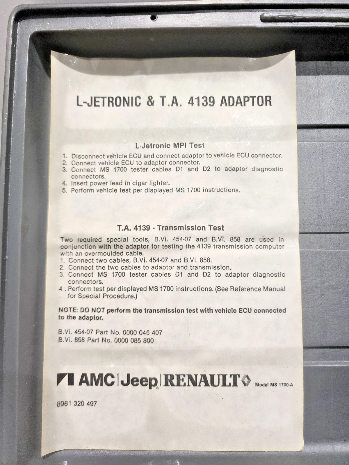 AMC Jeep Renault L-Jetronic and TA 4139 Adapter, OEM Kit, Used, Tested