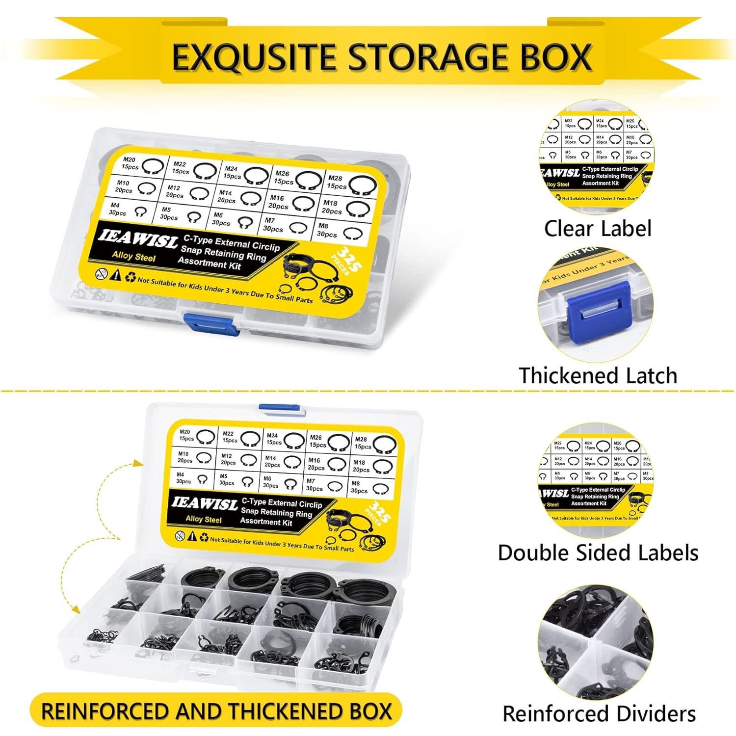 325Pcs Alloy Steel Snap Ring Set, 15 Sizes, C-Clips for Machines & Auto