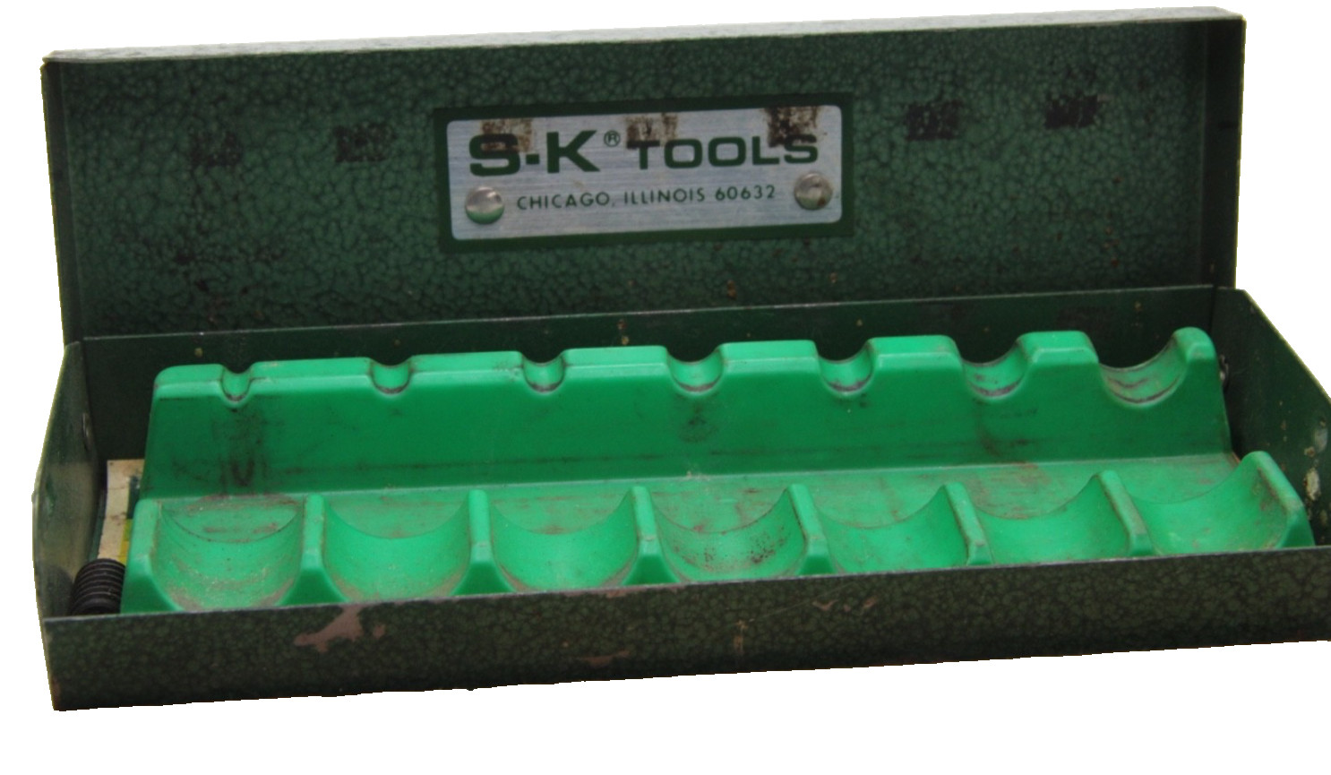 SK Tools 6-1/2″ x 2-1/4″ Green Metal Socket Set Tool Box w/Tray USA NO TOOLS