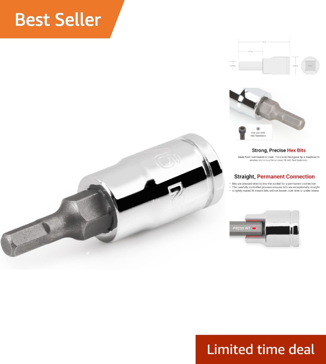 1/4 Inch Drive Hex Bit Socket 9/64 Inch S2 Steel Chrome Finish