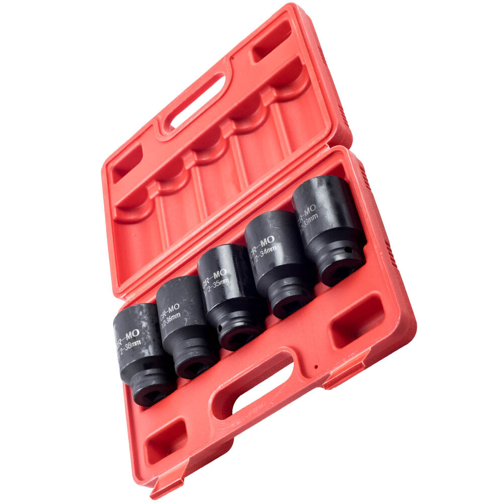 5pcs 1/2» Drive 6 Point Deep Spindle Axle Nut Socket Set 33, 34, 35, 36, 38mm