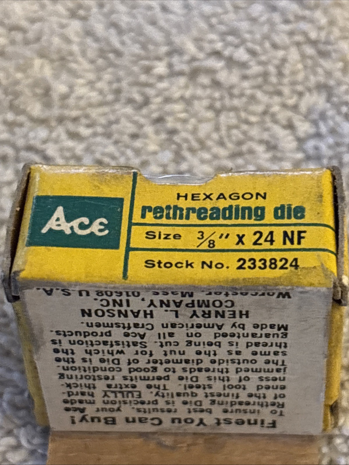 Vintage 3/8” Carbon Steel Hex Rethreading Die Ace Made In USA NOS Stock 233824