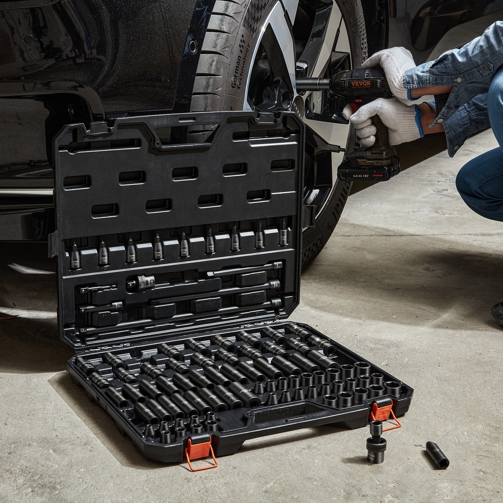 1/2 Drive Impact Socket Set Cr-Mo 6 Point SAE Metric with Extension Bars Case