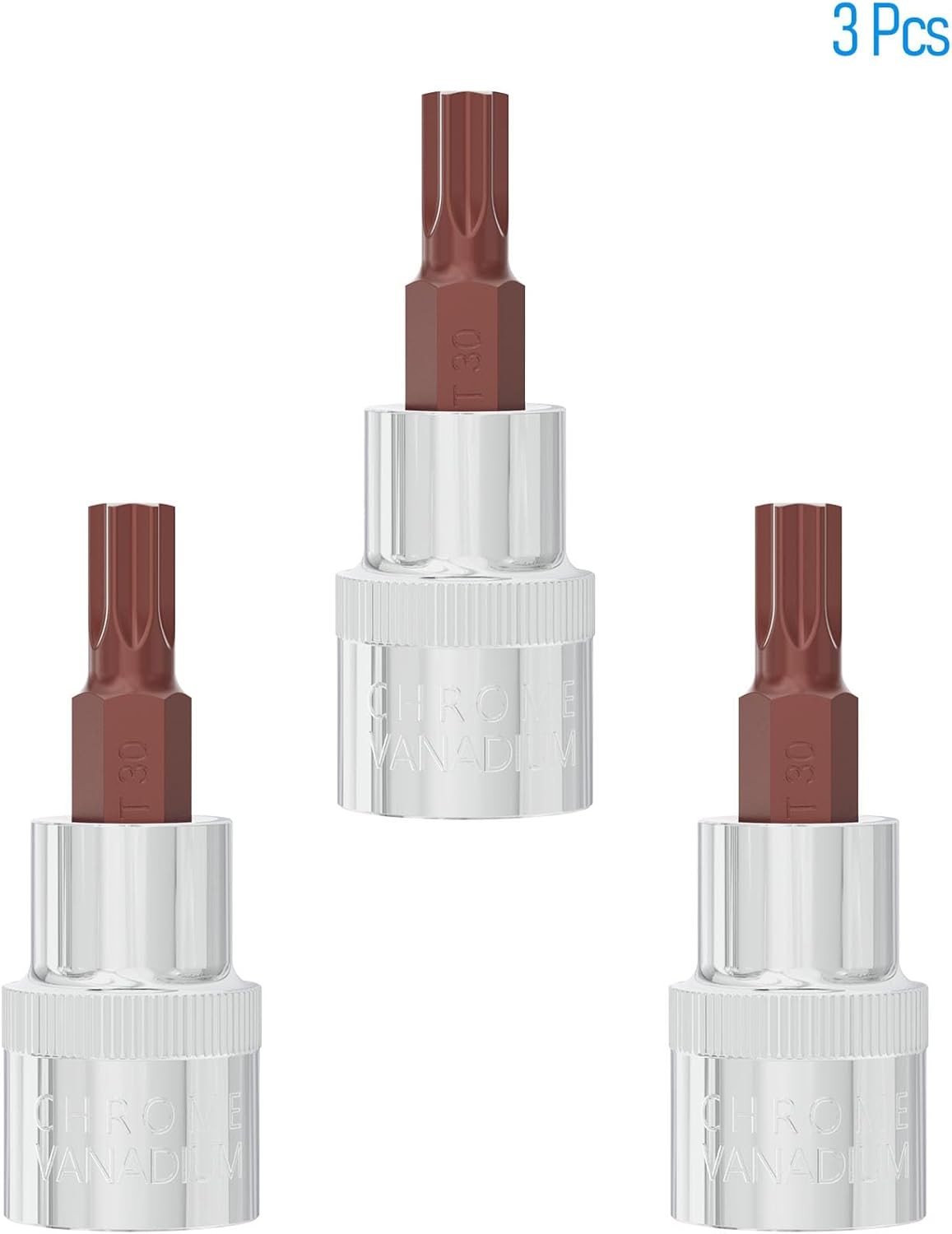 3PCS 3/8″ Drive T30 Torx Bit Socket, S2 Steel Bits, T30, Silver, Dark Red