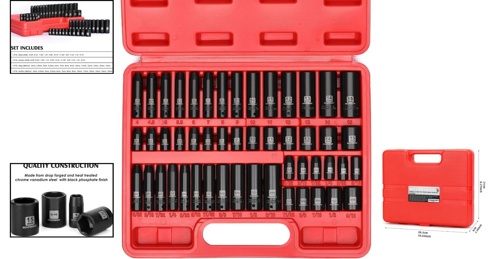 Heavy-Duty 50-Piece 1/4″ Dr. Impact Socket Set – SAE/Metric for Versatile Use