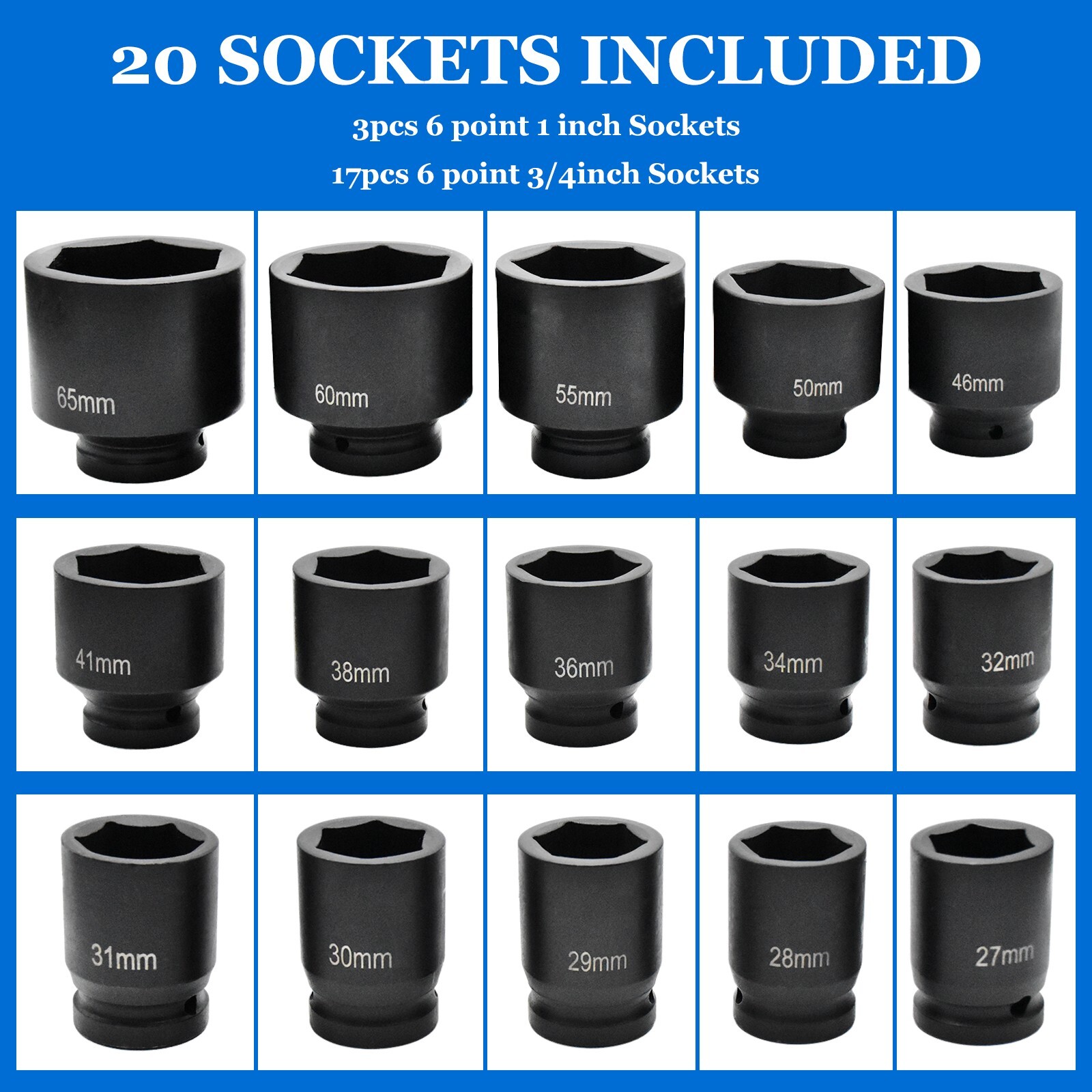 Impact Socket Set 26 PCs 3/4″ Drive 6 Point Metric Master 21mm-65mm Sockets US