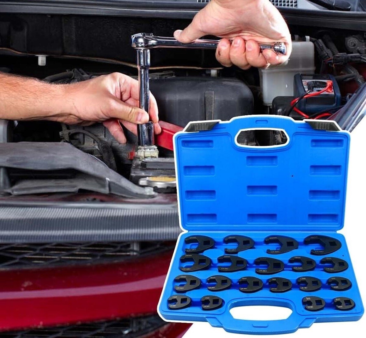 19Pcs Crows foot Wrench Set 1/2″ 3/8” Drive Flare Nut Crowfoot Wrench Set Metric