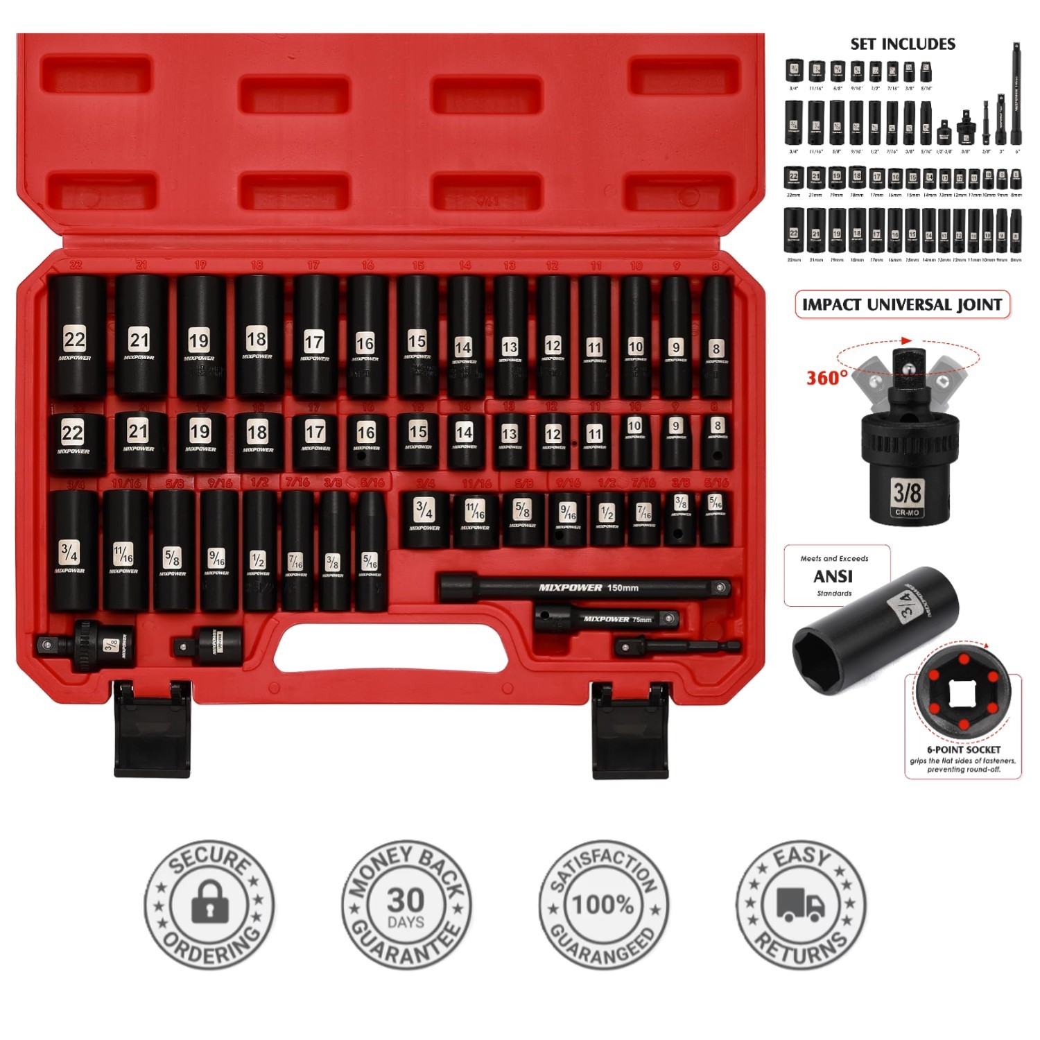 Comprehensive 3/8» Drive Socket Set: 49-Piece with Universal Joint and Adapters