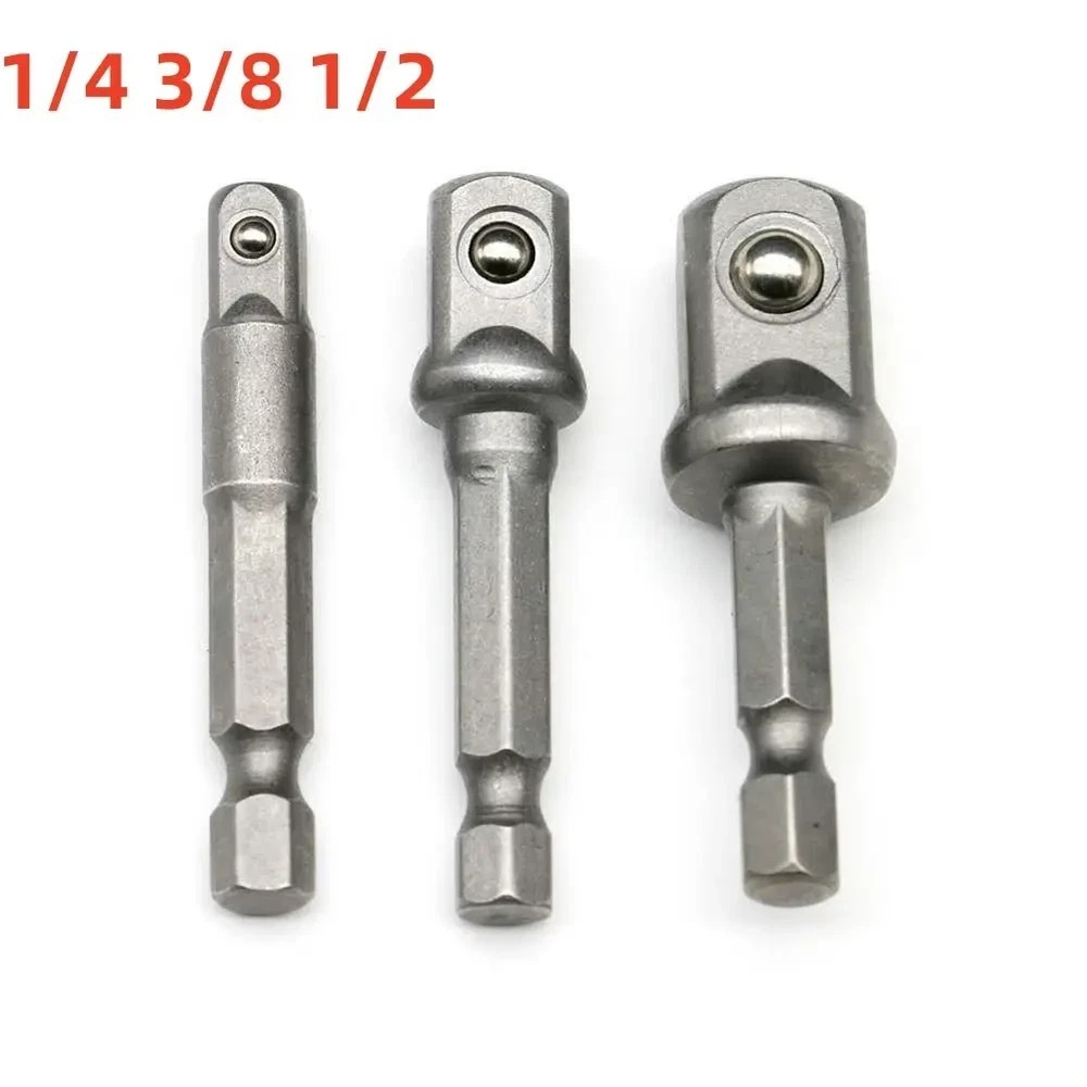 3PC 1/4″ HEX SHANK DRILL BIT TO 1/4 1/2 3/8 INCH SQUARE DRIVE SOCKET ADAPTOR SET