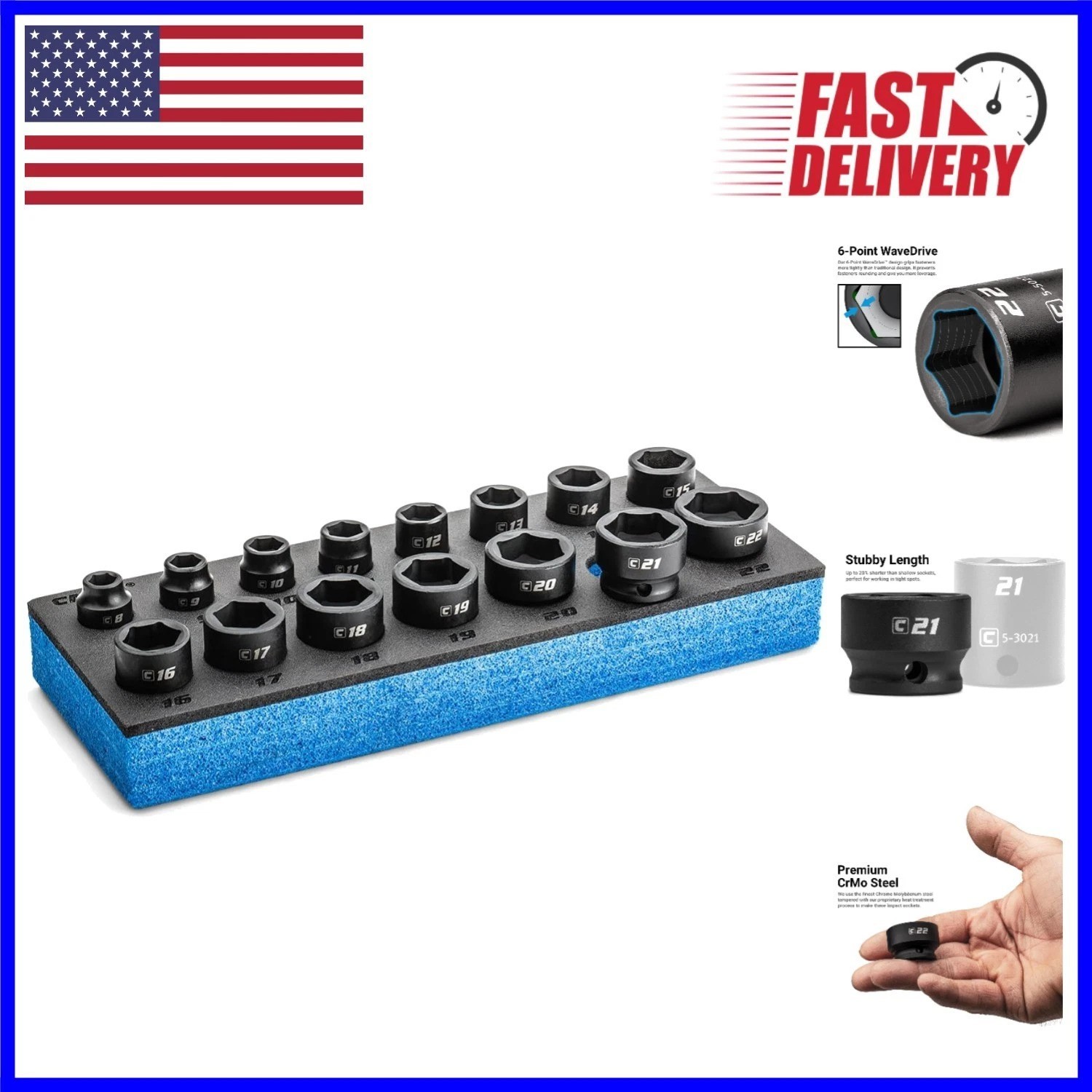 Compact 3/8″ Drive Stubby Impact Socket Set with Mechanic’s Tray – 15 Pieces