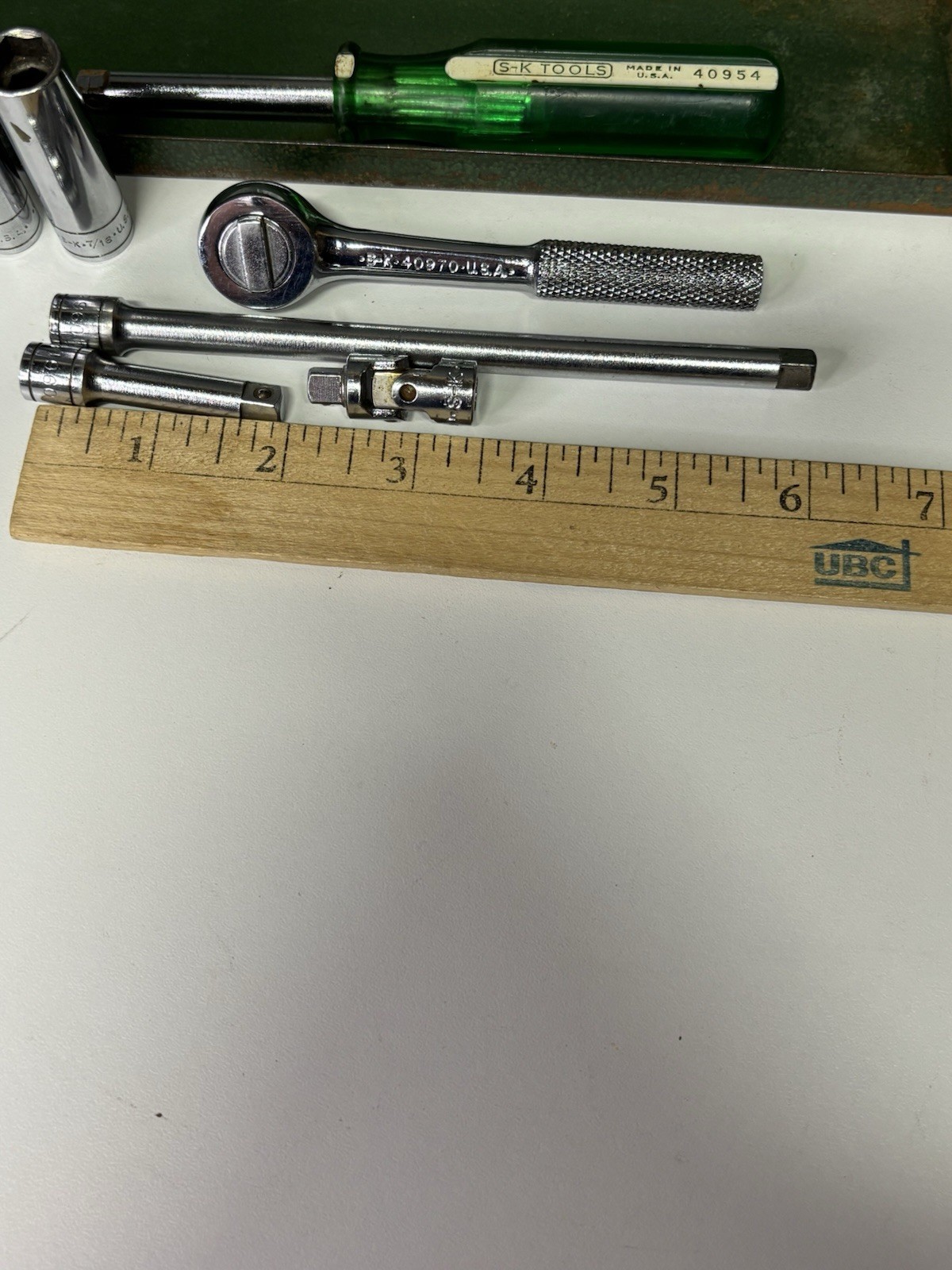 Vtg. S.K 1/4” Metal Box Socket Set Driver.ratchet,2 Ext. Uni Adapt, 4 Deep Well