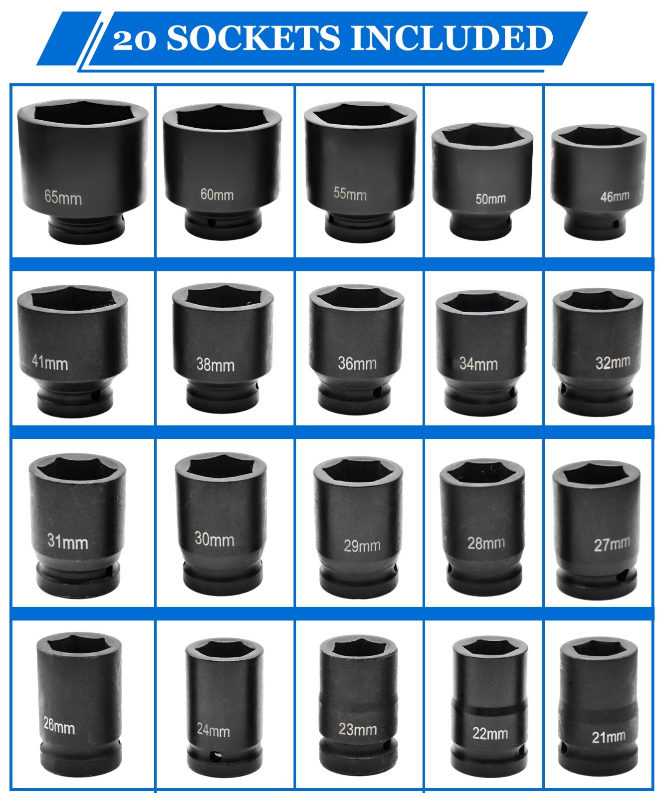 27pcs 3/4″ Drive 6pt Pneumatic Impact Socket Sets Deep Socket Set Metric 21-65mm