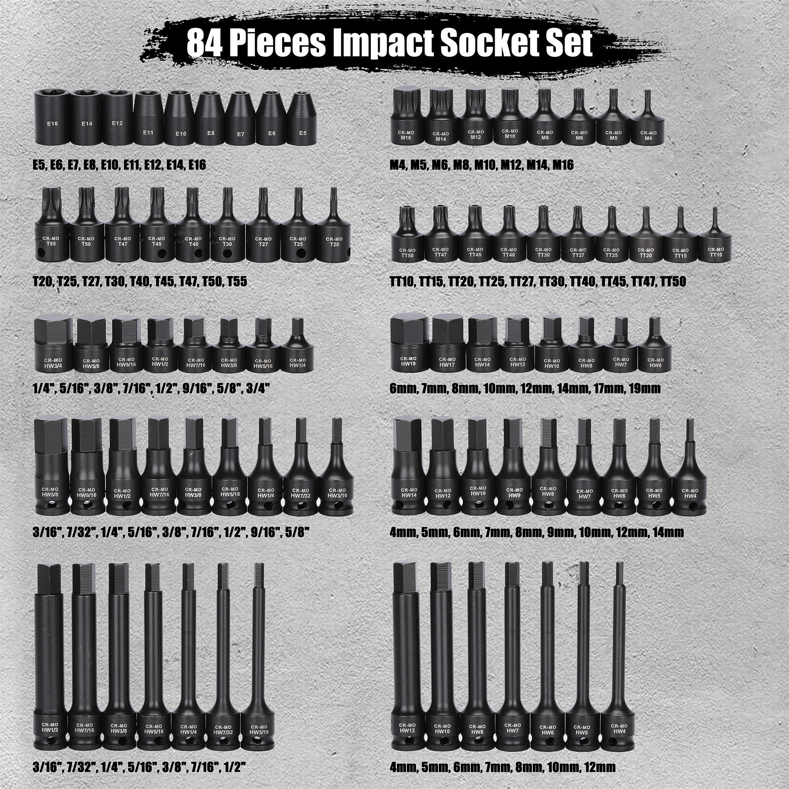 84 Pcs 3/8″ Dr. Master Hex Bit Impact Socket Set CR-MO SAE/Metric Impact Grade