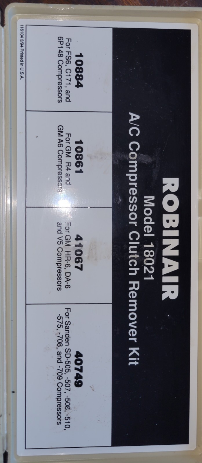ROBINAIR 18021 A/C COMPRESSOR CLUTCH REMOVER KIT – 10884 10861 41067 40749 CASE