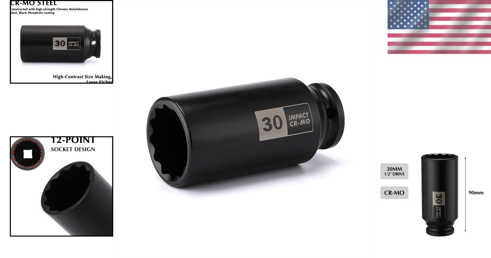 1/2 Inch Drive Deep Impact Socket 30mm Chrome Moly 12pt Metal Tool