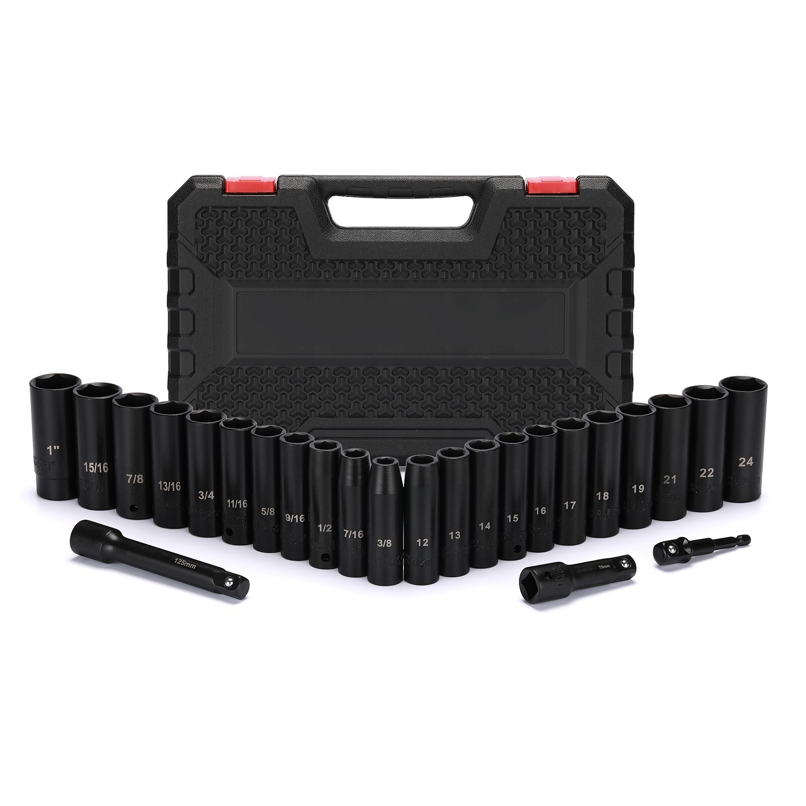 25 Pieces 1/2-Inch Drive Deep 6-Point Impact Socket Set, CR-V, Metric & SAE