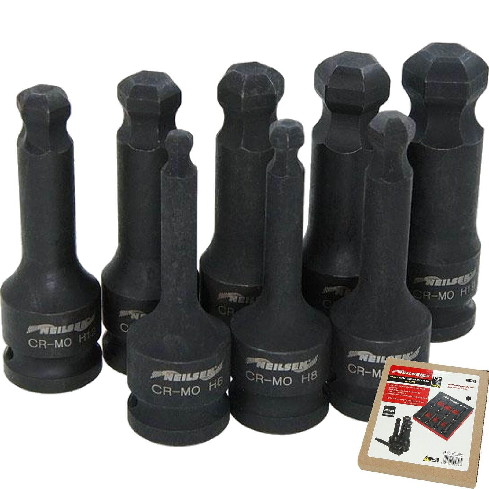 IMPACT BIT SOCKET SET HEX ALLEN BALL END 8PC 1/2″ DR 78MM LONG 6MM – 19MM