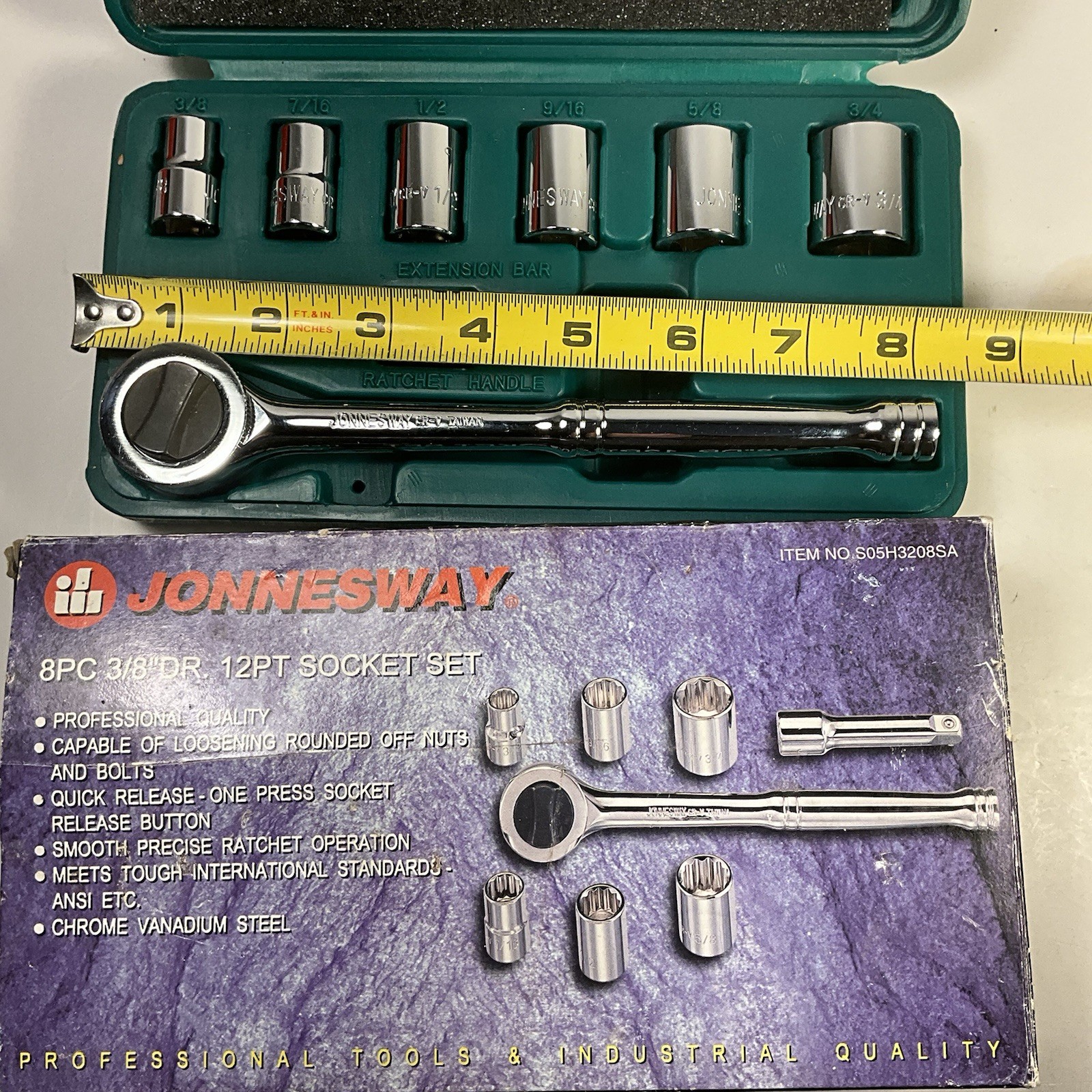 Jonnesway S05H3208Sa 8 Pc 12 point Socket Set 3/8″ Drive SAE 3/8 to 3/4
