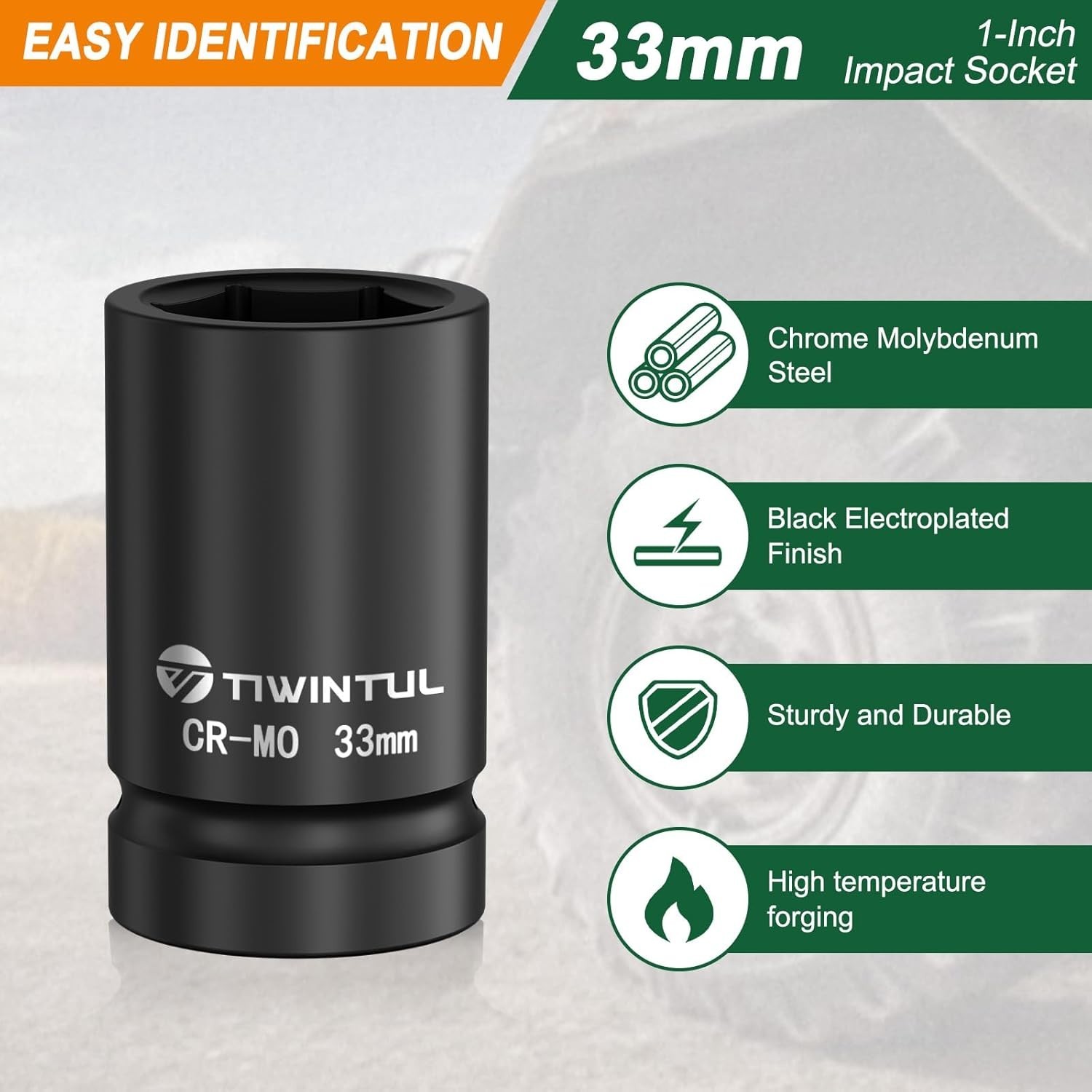 33mm Deep Impact Socket, 1 Inch Drive, Chrome Molybdenum Steel, Manganese Finish