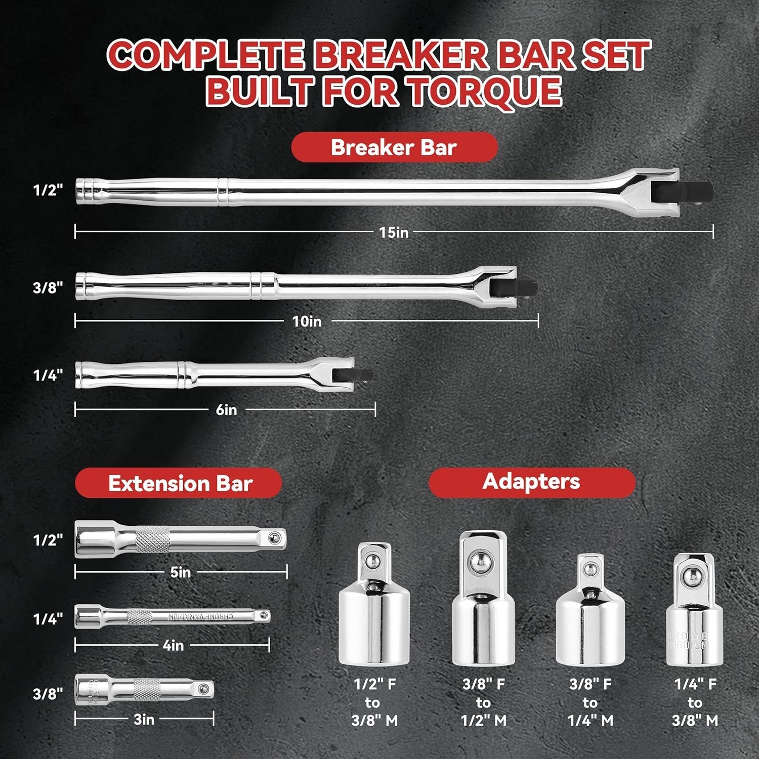 Breaker Bar Set 10 Pieces 3/8 In 1/2 In 1/4 In Drive Rotatable Head
