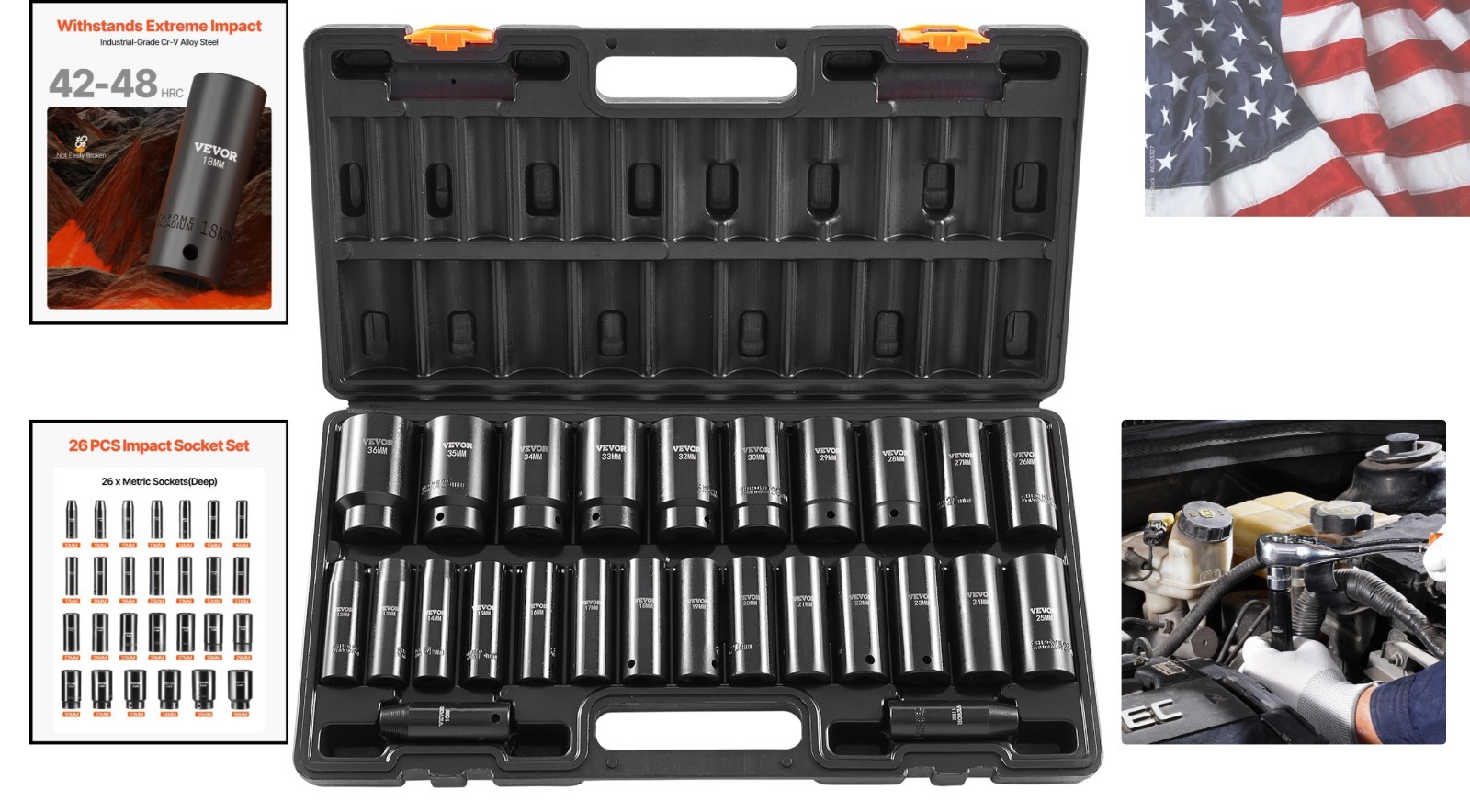 Impact Socket Set 1/2 Inches 26 Piece Deep Sockets, 6-Point, Rugged Construct…