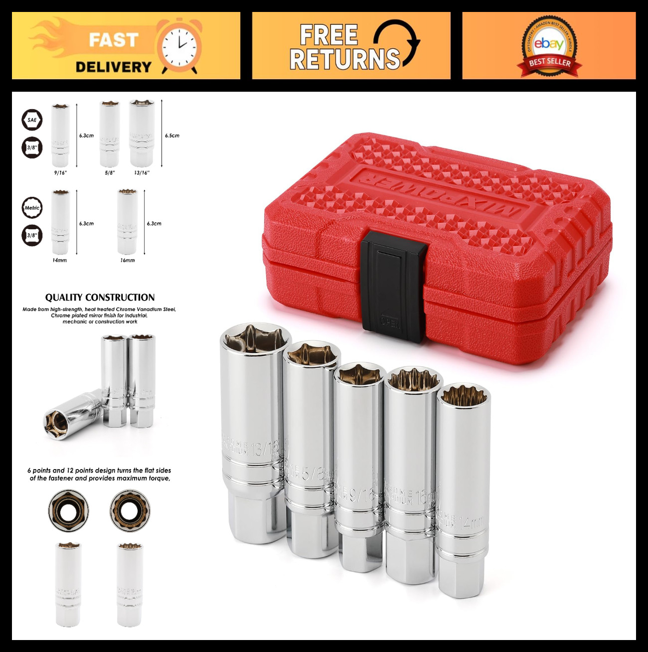 5PCS Magnetic Spark Plug Socket Set, 3/8″ Drive, 14mm, 16mm, 5/8″, 3/4″, 13/16″