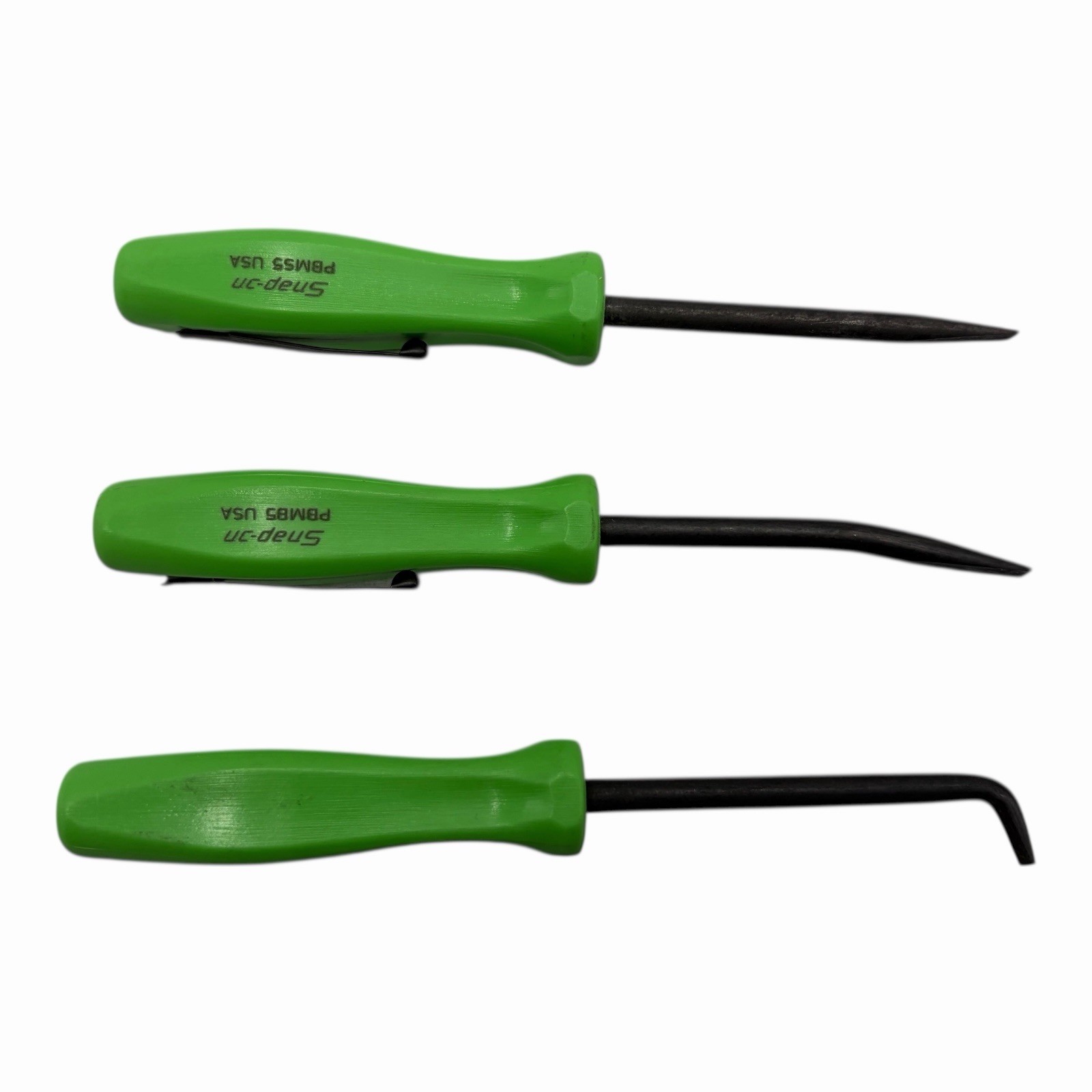 Snap On Tools Mini Pocket Pry Bar Set 3 piece Green 5 inch Straight Bent 90