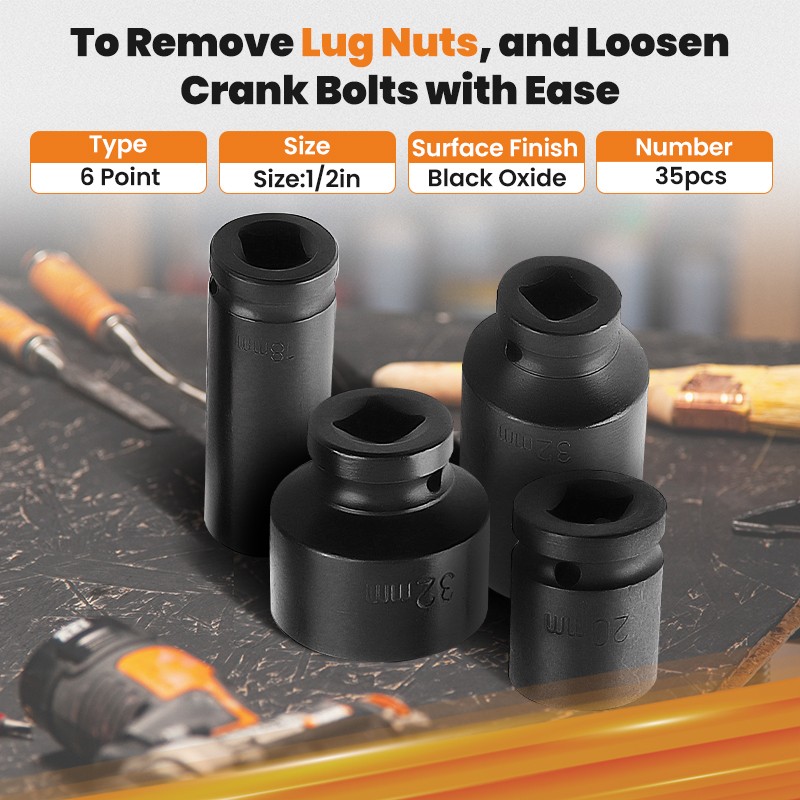 35* 1/2″ Deep Impact Socket Set Drive 8mm-32mm Metric Garage Sae With Case Tool