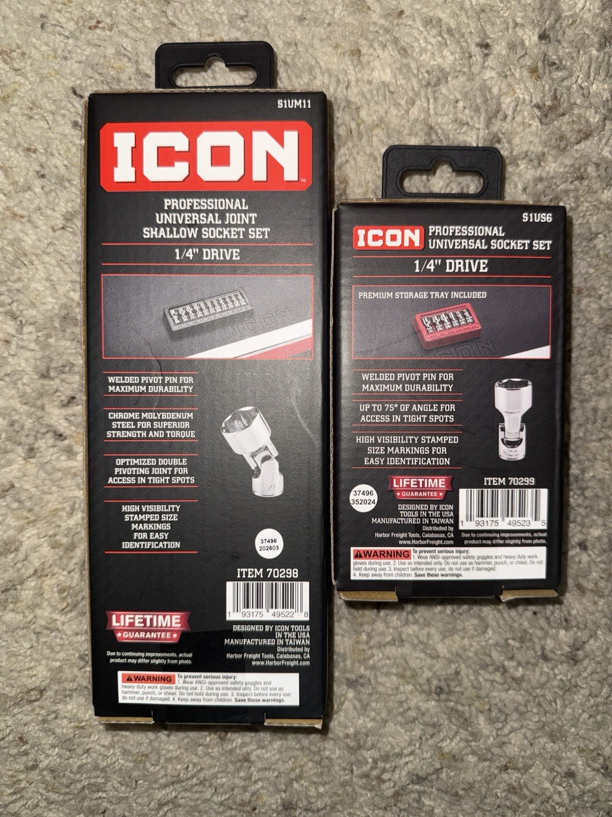 Icon 1/4” Drive Universal SAE & Metric Joint Shallow Socket Sets; S1US6 & S1UM11