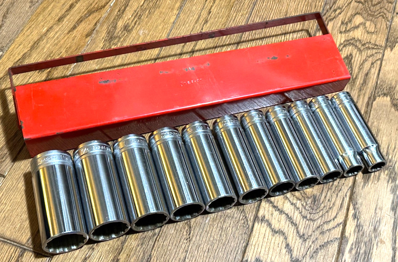 🇺🇸 Snap On Tools 1/2″ DEEP SAE 1/2″- 1-1/8″ Socket Set Lot 12-PT Red Tray USA