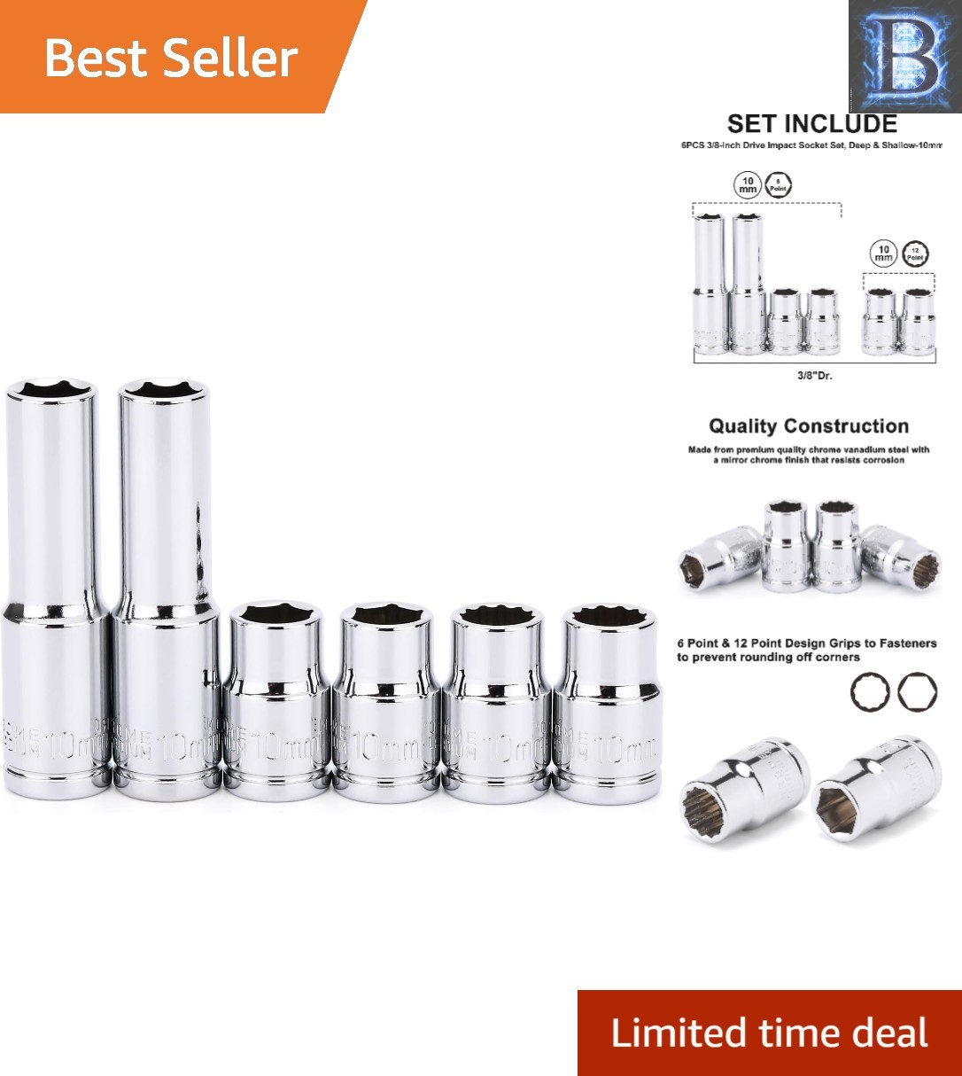 3/8-Inch Drive 6-Piece Impact Socket Set with Corrosion-Resistant Chrome Finish