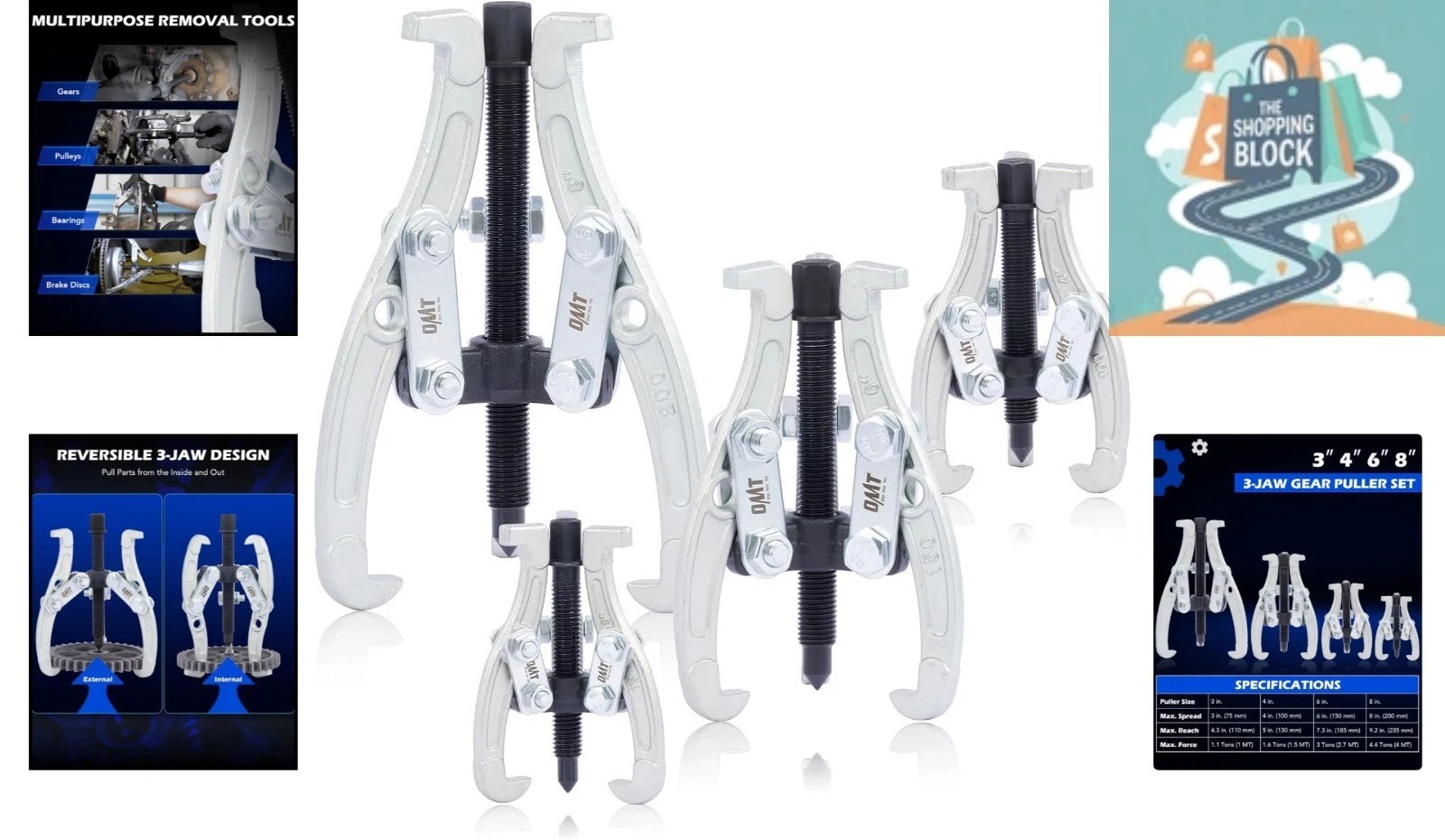 Heavy Duty Gear Puller Set 3-8 inch, 4 pcs with Reversible Jaws