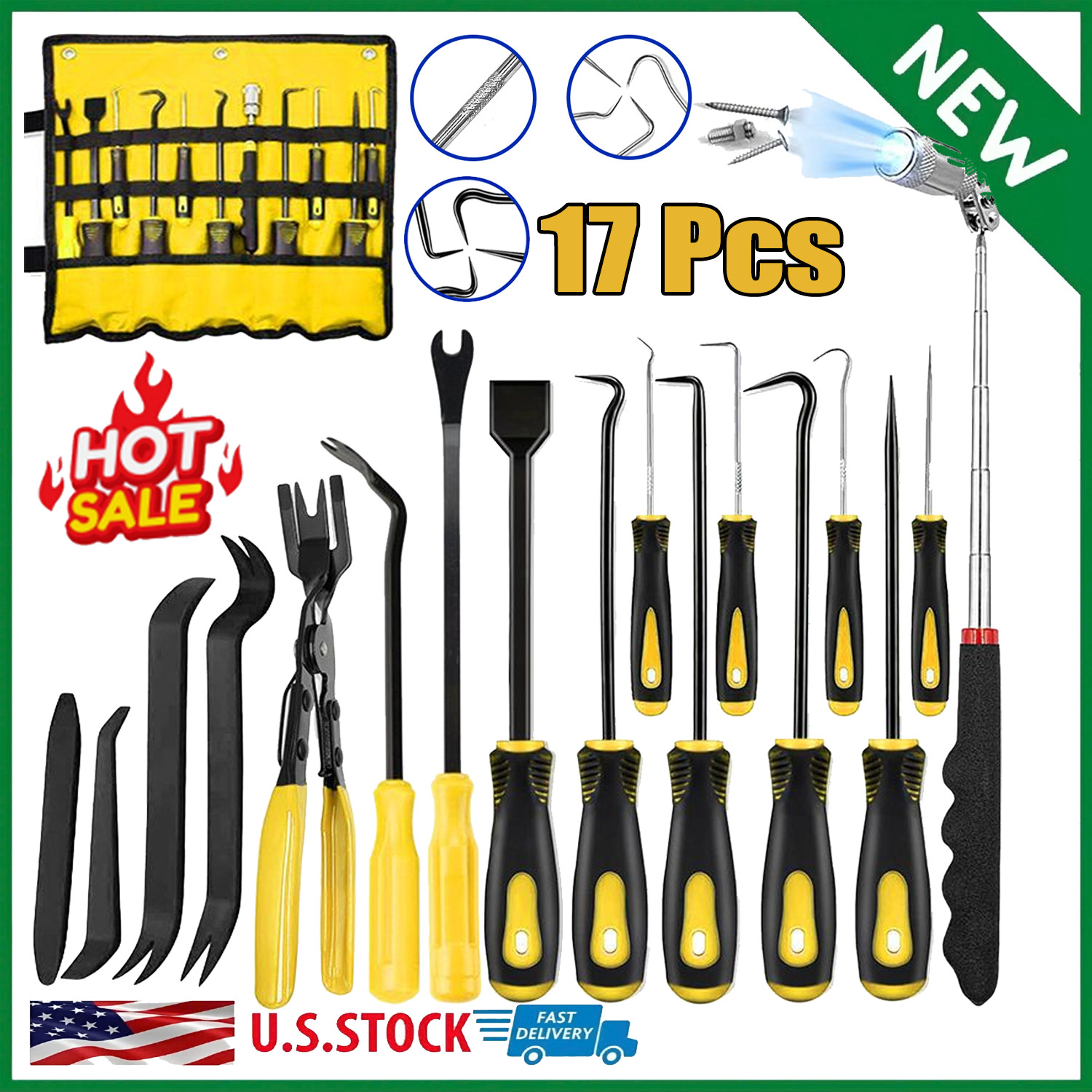 17Pcs Hook and Pick Set Auto Trim Removal Tool Kit,Clip Plier Remover Gasket Too