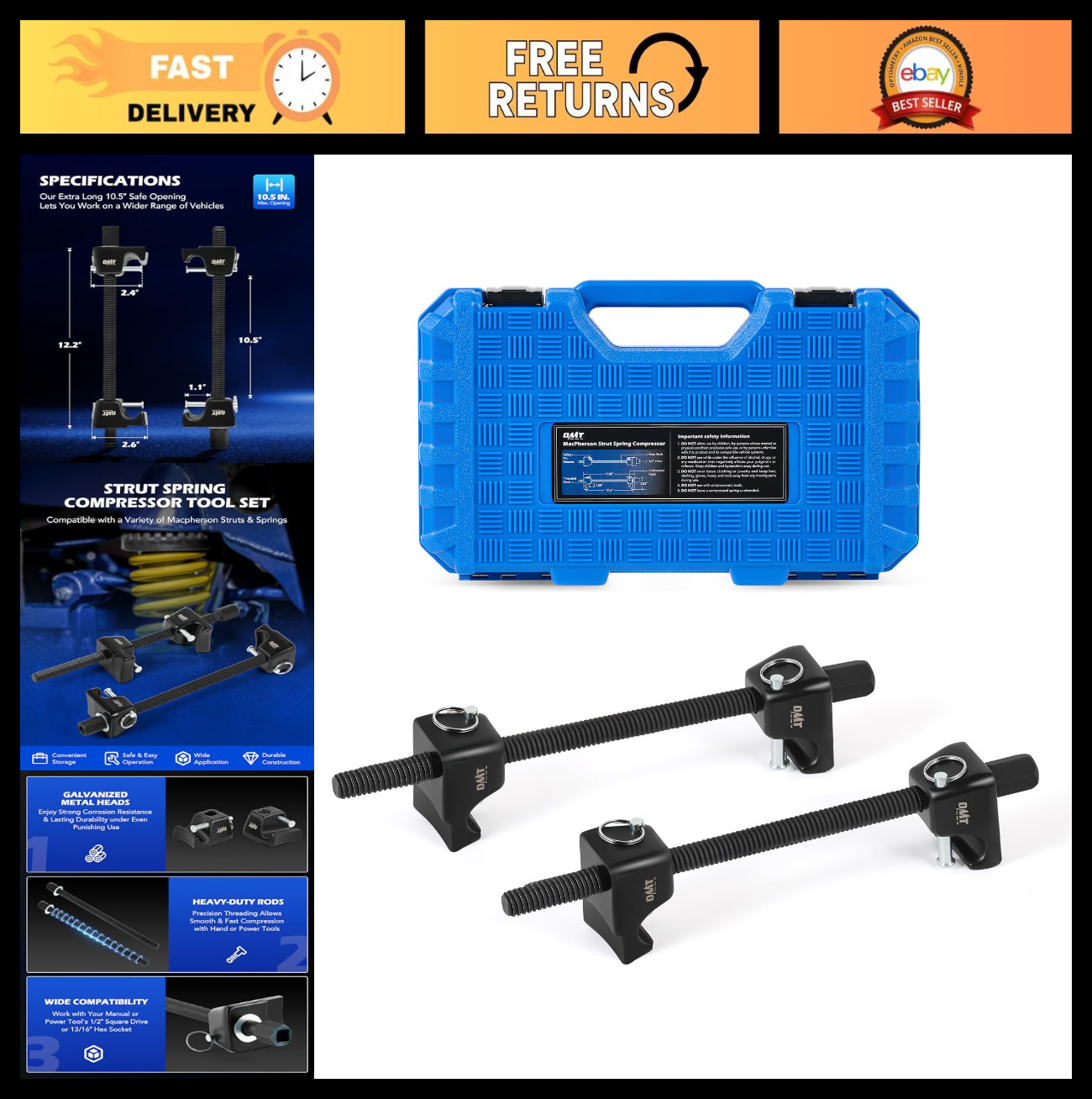 Heavy Duty Macpherson Strut Spring Compressor Tool Set, 10.5″ Range, 1/2″ Drive
