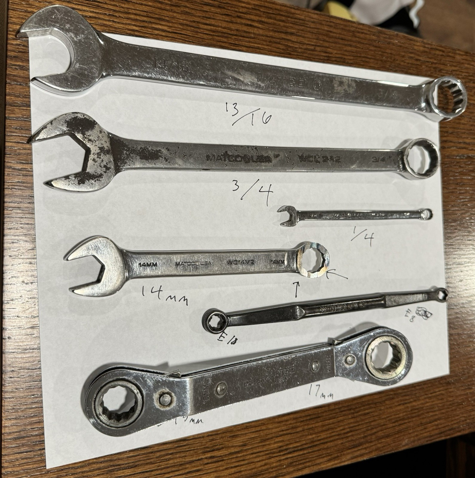 Matco tools wrench lot of 6 SAE METRIC E torx 13/16 3/4 1/4 14 15 17 E10 E8