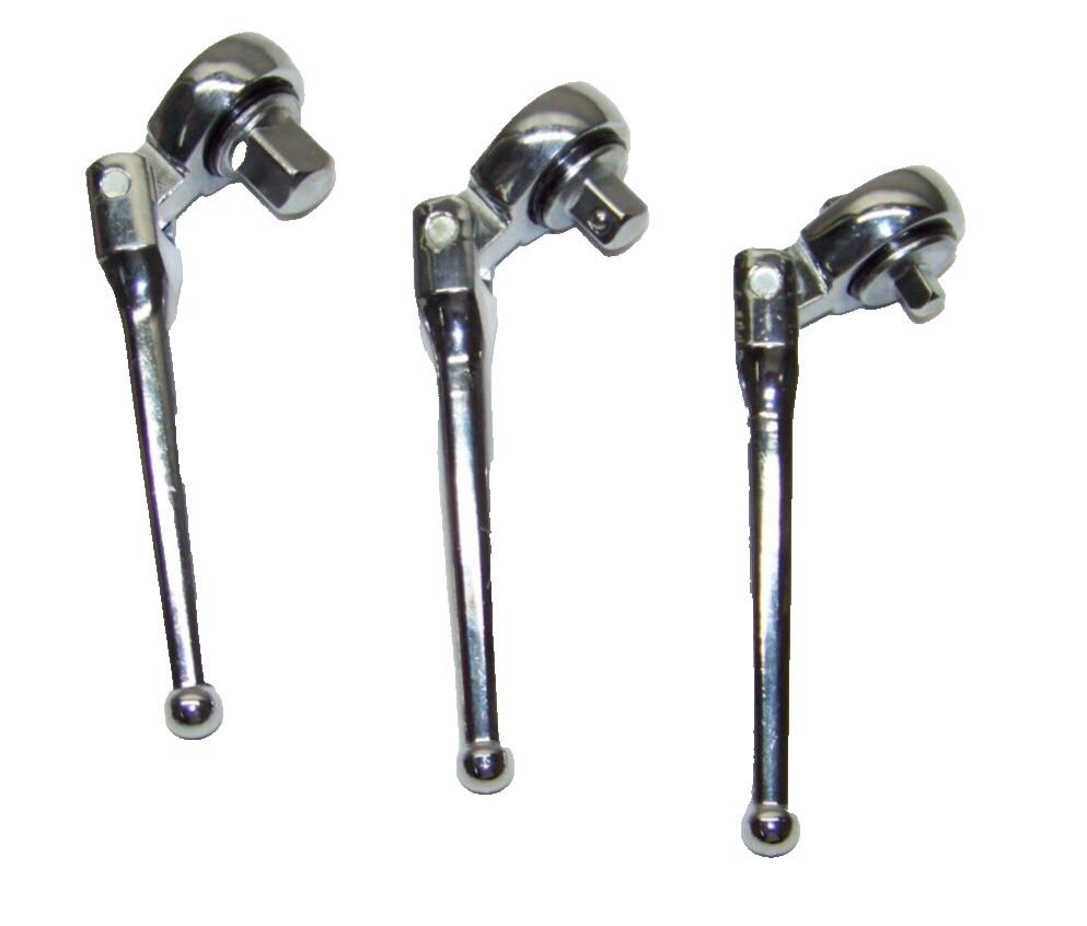 3 pcs Flex Stubby Ratchet Wrench Handle Socket Set 1/4″ 3/8″ 1/2″ DR Reversible