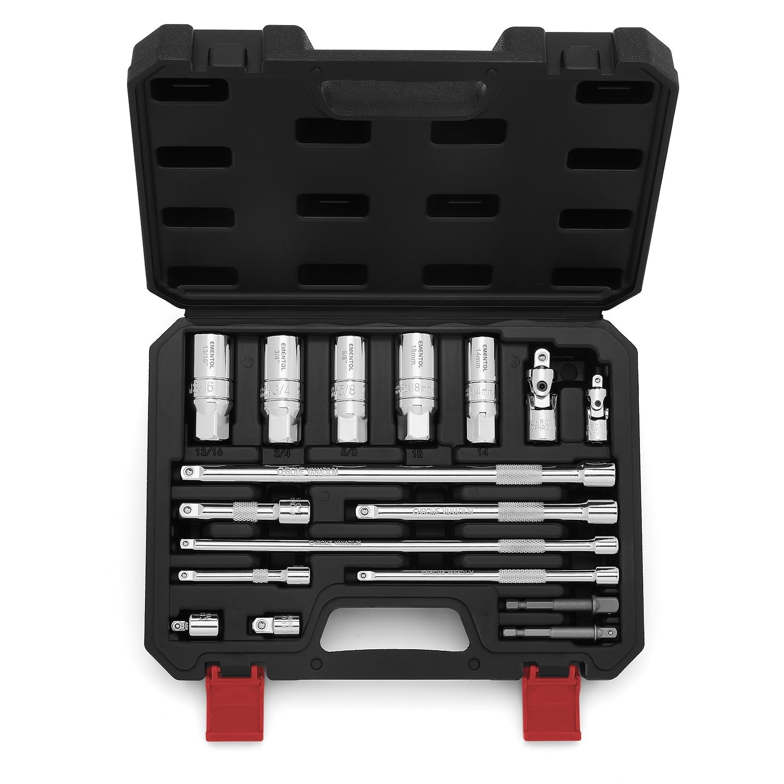 17PCS Socket Accessory Set – 1/4″ & 3/8″ Drive, Spark Plug Sockets, Extensions,