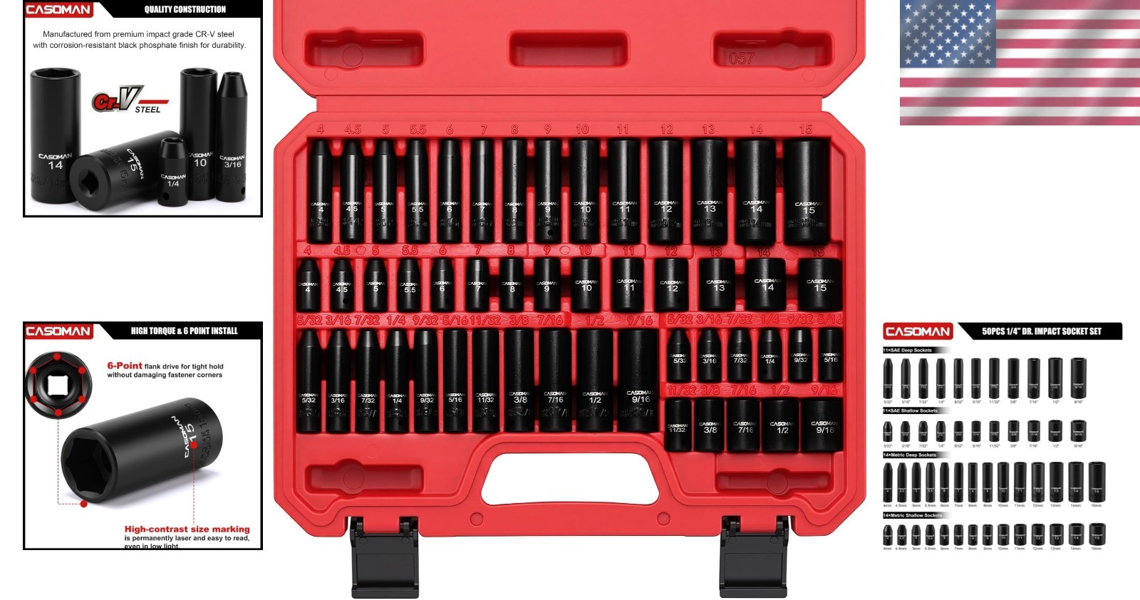 1/4 Inch Drive Impact Socket Set 50-Piece SAE Metric Chrome Vanadium Deep Sha…