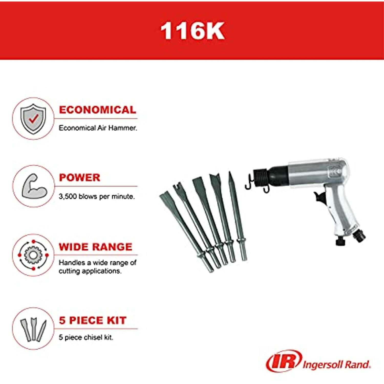 Ingersoll Rand 116 Standard Duty Air Hammer, 116K – Tool plus 5 Piece Chisel Set