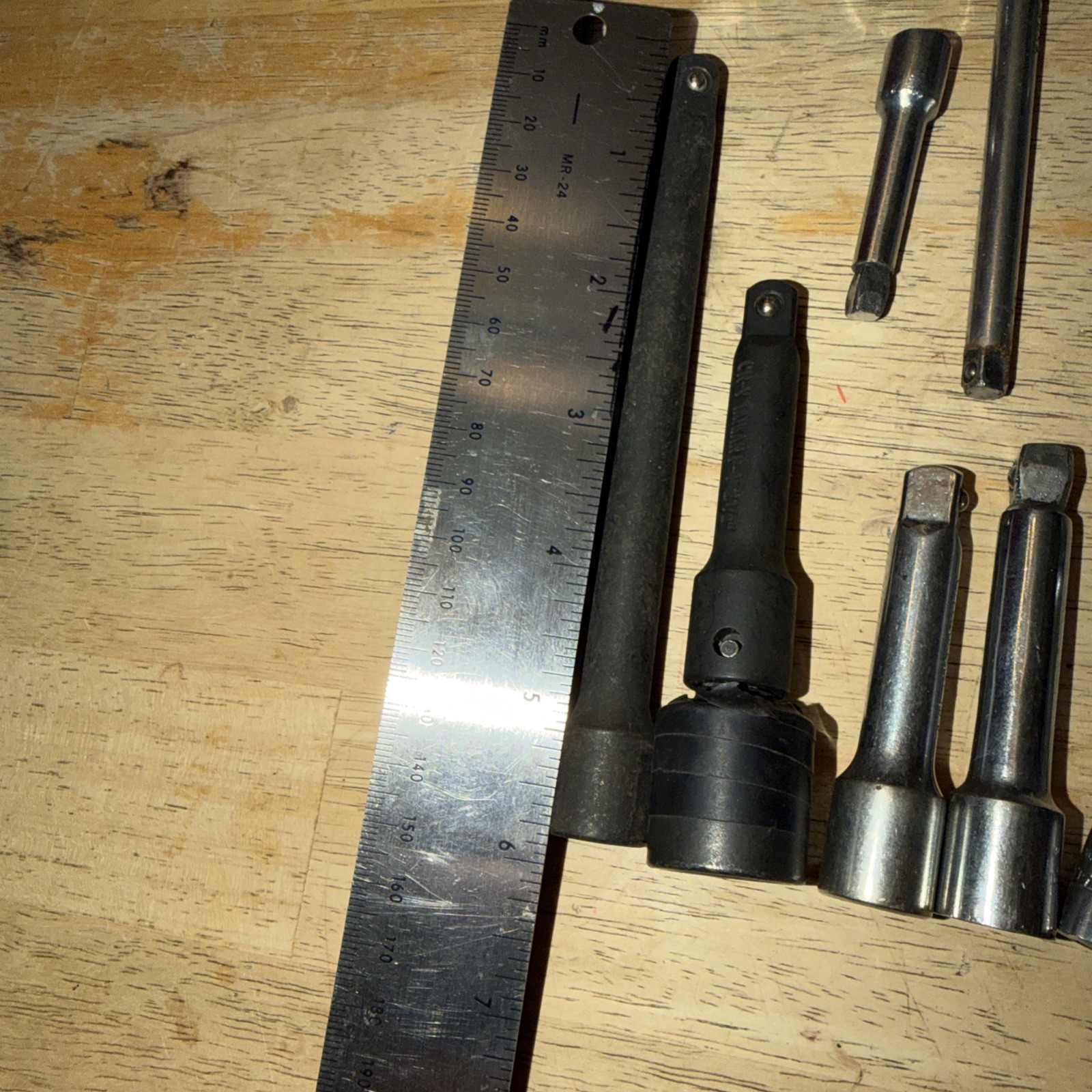 14 Pieces: Extensions, Adapters, T Bar Without T Bar…. Used, Mostly 3/8”, 1/4”