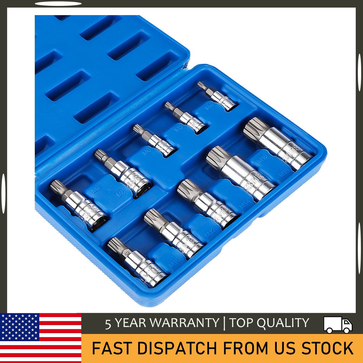 10 Pc XZN Triple Square Spline Bit Socket Set M4-M12 Metric S2 Steel with Case