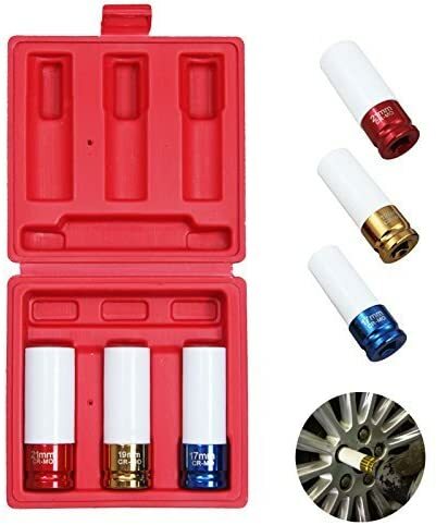 3pc Thin Wall Deep Impact Socket Set Plastic Sleeve Lug Nut 17mm 19mm 21mm