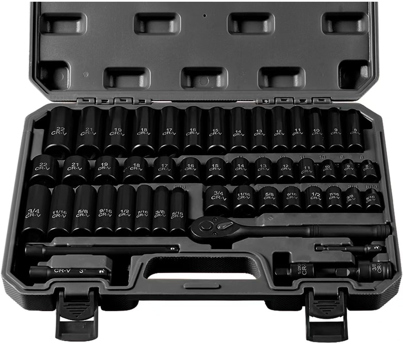 3/8″ Drive Impact Socket Set 50-Piece, SAE (5/16-3/4) & Metric (8-22mm), Deep &
